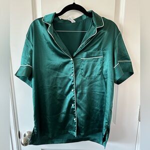 ZYIA Emerald Green Satin-Look Button-Up Pajama Set